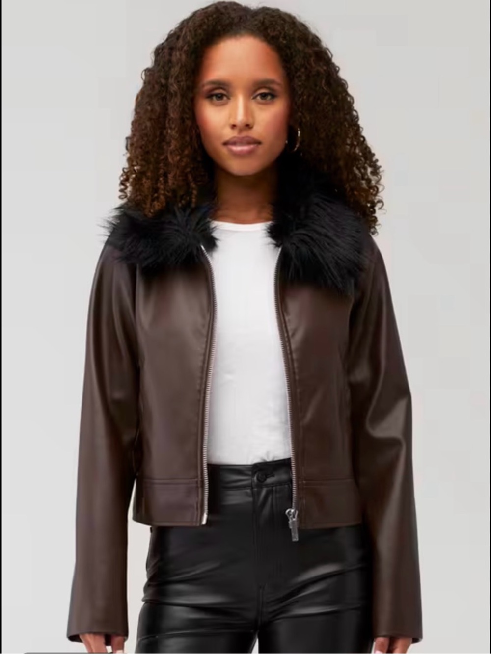 Lamarque Brown Faux Leather Jacket with Black Faux Fur Collar